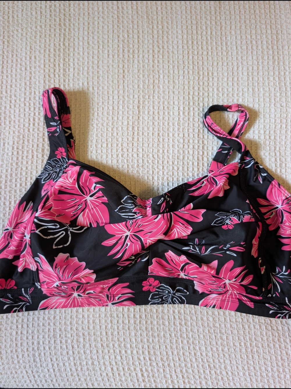 Black Swim Bikini Top with Pink Floral Print